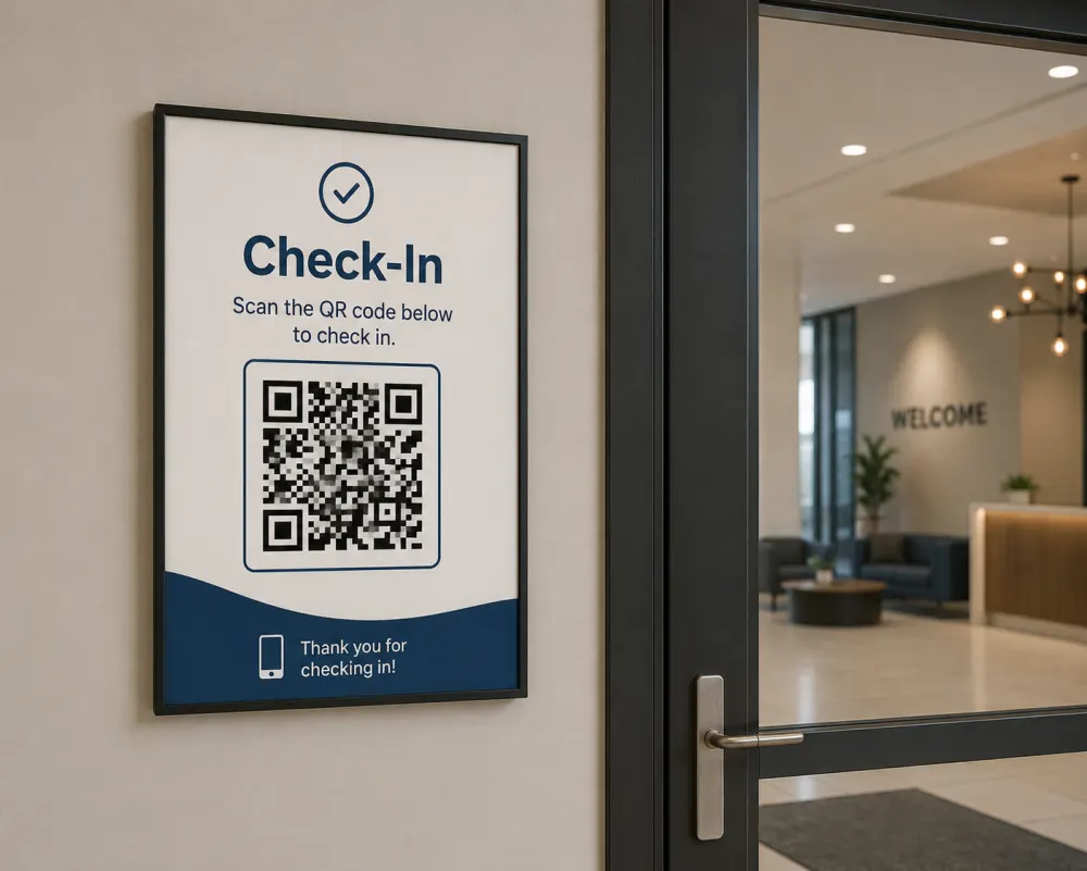 A printed QR check-in sign mounted on a lobby wall beside a glass entry door